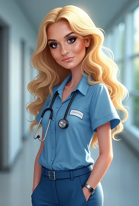 With the face of this girl , Create a blonde girl with wavy hair who is both dressed in blue because she is a kinesiologist 