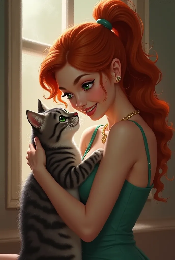 Woman with red hair, green eyes playing with gray striped cat