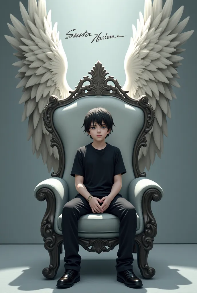 
Create realistic image a 's  boy anime black shirt is sitting queen chair with we wings and behim him the colour of the  wall is gray on which  sunita written in curve style with name HASSAN 
