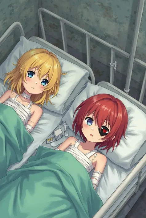 A girl with yellow hair and blue eyes is sleeping on a hospital bed 
Another girl in a second bed has her body covered with bandages. Her hair is red. She is sleeping and another eye has a black patch painted with a red heart 