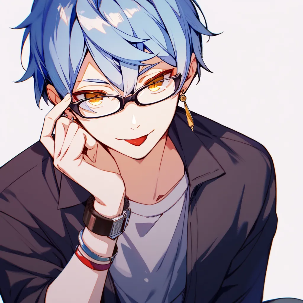  1 young man、 light blue hair、 golden eyes、Glasses、grey shirt、black jumper、bracelet on the arm、seductive smile、Watercolor tone、 monotone、High resolution, simple background,  bangs between your eyes, earrings, stick out your tongue, Highest quality, 