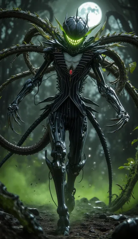 Hyper-realistic image. High quality, 8K Ultra HD. Jack Skellington, transformed by the lettuce virus into a grotesque hybrid of biorobotics and machinery, is running happily through an ancient graveyard with a full moon and green mist. His skeletal figure ...