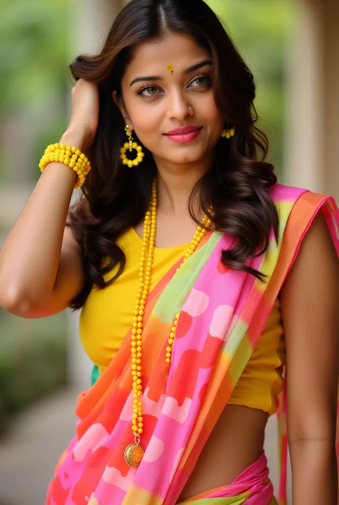 Aish She has long, dark brown hair styled in loose waves that cascade down her back. She is wearing a sleeveless bright high contrast yellow blouse and saree with a bold, retro-style print. The saree is a mix of pink, red, yellow, and light green, predomin...