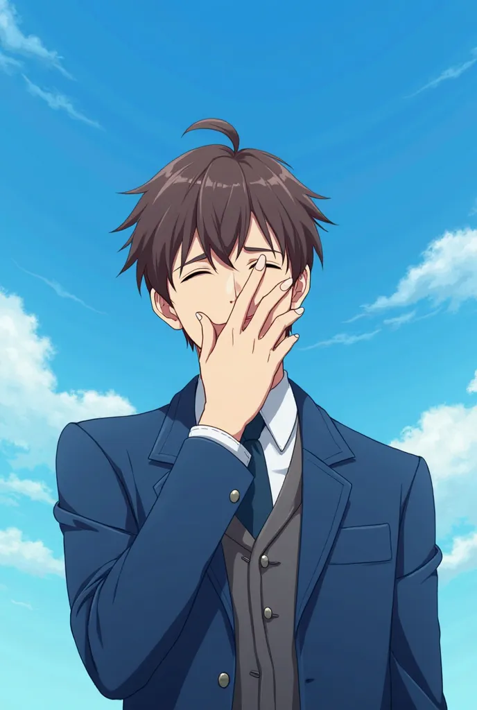  Anime style. Anime guy 25 years old with brown hair. It's against the blue sky. He covers his mouth with his hand and yawns because he's bored. The guy is wearing a blue coat, the guy is bored