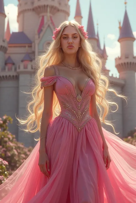 Beautiful haired queen with blonde locks pink dress in front of Castelo Rosa 