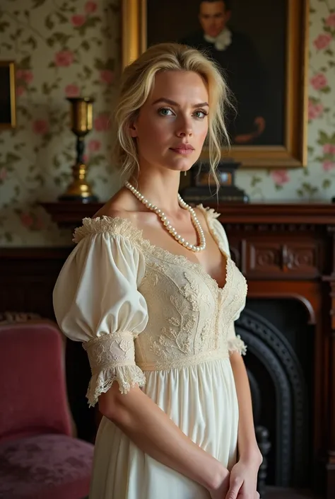 Blonde woman with fine lines, wearing a cream Victorian dress with lace details and a pearl necklace, posing elegantly in a Victorian interior richly decorated with floral wallpaper, dark wood furniture and an ornate fireplace. soft and diffused lighting, ...