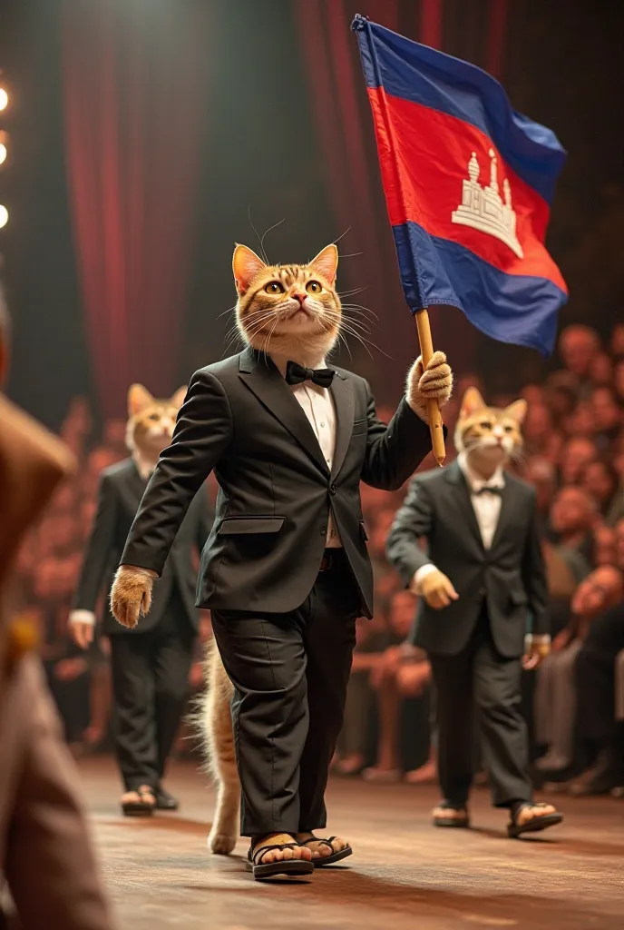 A playful scene unfolds as cats in stylish suits strut confidently on stage, showcasing their fashionable looks. They proceed to cleverly pull out the Cambodian flag, raising it on flip-flops while smiling brightly. One cat proudly holds the flag, adding t...