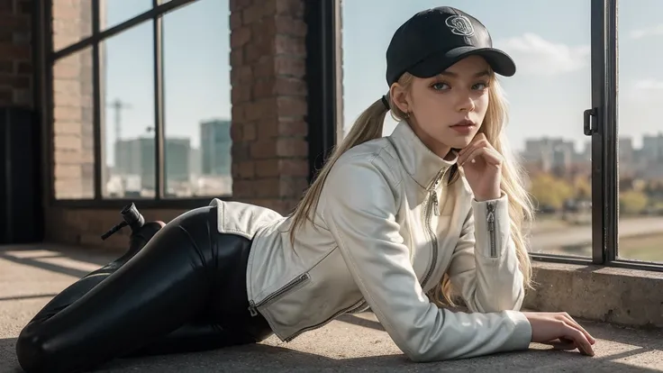 (masterpiece), best quality, expressive eyes, perfect face, Blonde long straight hair, pony tail hair style, aim, Blue eyes, gun sniper, scope, rifle, POV, waiting for her order, sitting near the window, baseball cap, white leather jacket, shirt, black leg...