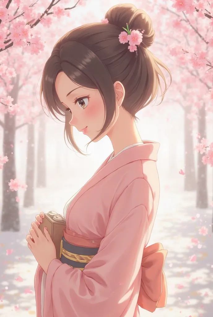 Anime girl in bun wearing pink kimono holding bag cherry blossom look 