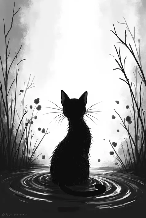 Dessin noir blanc Eau + chat