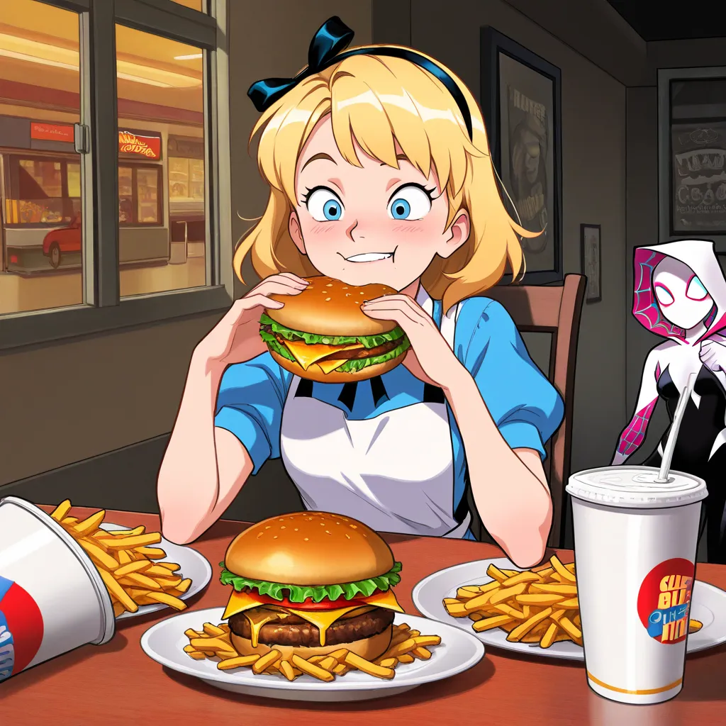 Quality: very awa, masterpiece, best quality, newest, highres, absurdres.
Style: Bruce Timm style, comic art, fun, humorous, crazy, epic, powerful.
Summary: 2girls, spider-gwen, and alice_(alice_in_wonderland), They are eating hamburgers.
Character: 
Spide...