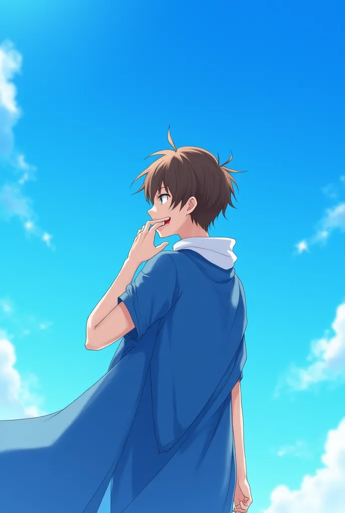  Anime style. Anime guy 25 years old with brown hair. It's against the blue sky. He covers his mouth with his hand and yawns because he's bored. The guy is wearing a blue magic cloak, the guy is bored