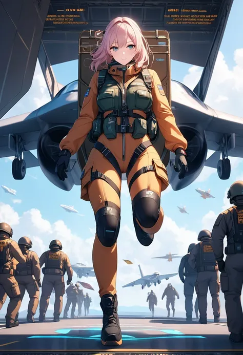 hard landing scene, a hero landing point of the (article, "Thank you for 5K followers", Add text"Thank you 5K", holographic font) {x}, \Character "Atlas"\, Alone, she hard landing from the air, from the cargo aircraft, she is beautiful military officer, we...