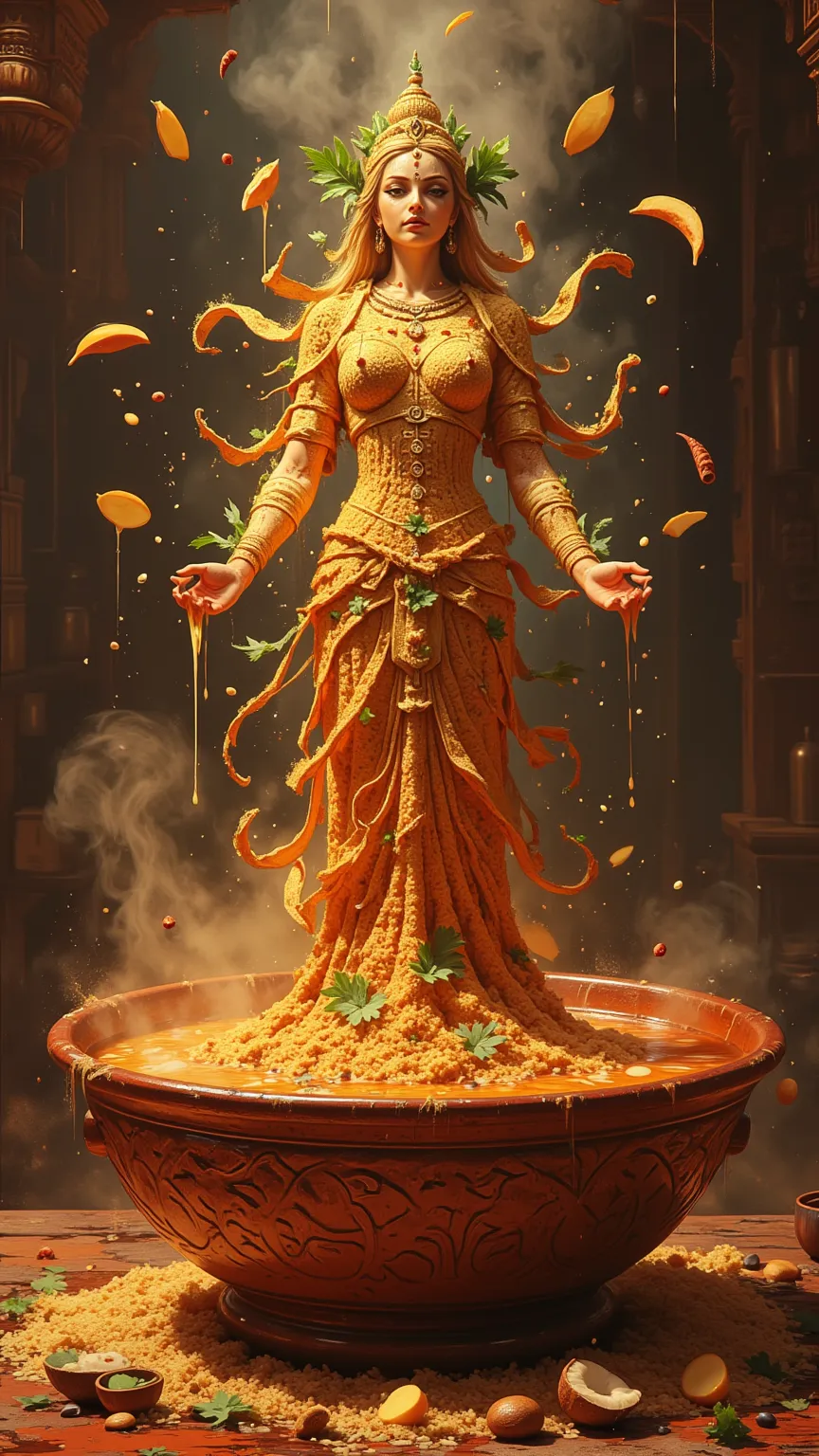 **AI Art Prompt:** **"Goddess of the Spicy Curry Bowl"**  

A towering humanoid figure entirely crafted from fiery hot chicken curry and fragrant basmati rice rises from the center of a colossal, hand-carved earthenware bowl. Her body is a masterpiece of c...