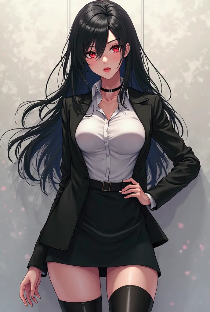 black hair red eye big breast red eye black skirt and stockings secretary jacket anime woman