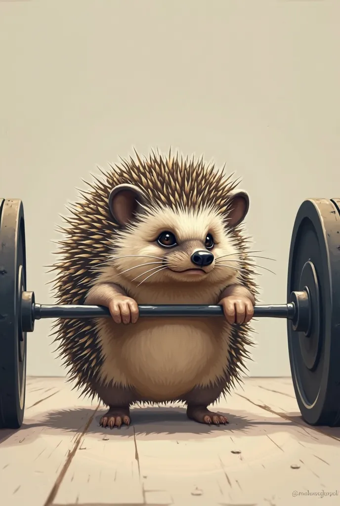 Minimal drawing of a hedgehog doing weightlifting