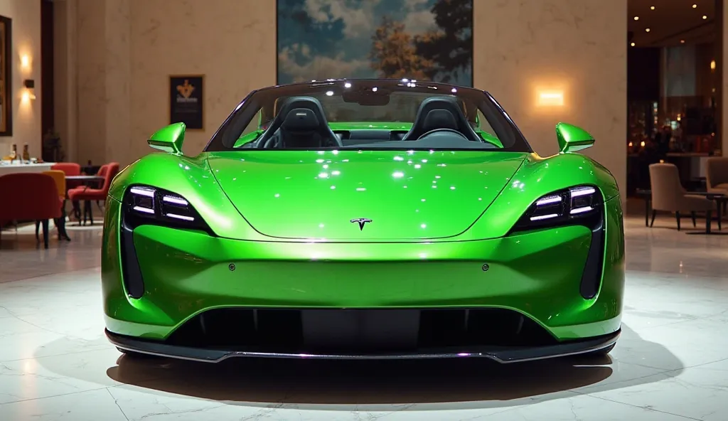 A captivating image of a (2026 Tesla Roadster taking center stage in a luxurious , showroom. The futuristic, vibrant (half green)exterior gleams, showcasing its sleek, aerody namic design and bold accents. The ( front) view highlights the cutting-edge inno...