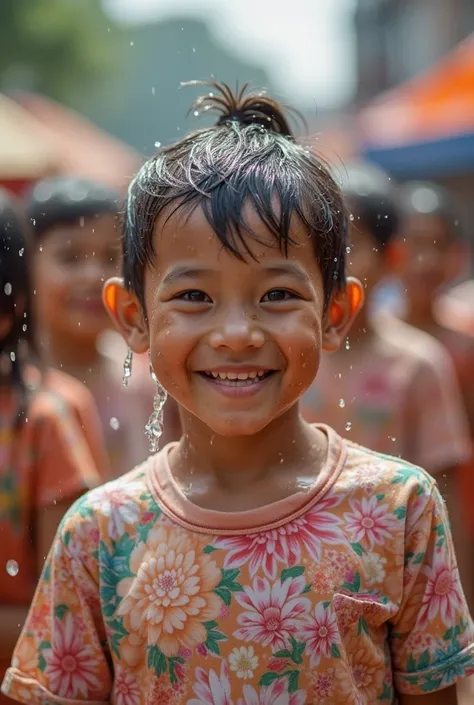 . Create a picture of water fun on Songkran Thai day. . a fun atmosphere. Everyone smiles. In the picture, there are many nationalities. Everyone is wearing a floral shirt, everyone is getting wet. , some people are holding electric water sprinklers, some ...