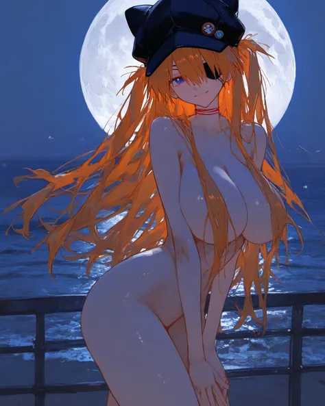     masterpiece, high quality、  vibrant, very aesthetic,     latest,  
very big breasts,  Neon Genesis Evangelion、       woman 1 person、 、Su Long Aska Langley 、 orange hair、     blue eyes、     eye patch     、 Black Hat、 naked、full nudity、cowboy shot,  high...