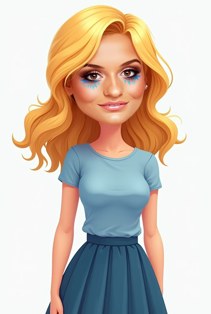 With the face of this girl , Create a cartoon blonde woman with wavy hair and who is dressed in both colors blue, But don't make him stubborn, Normal body and head