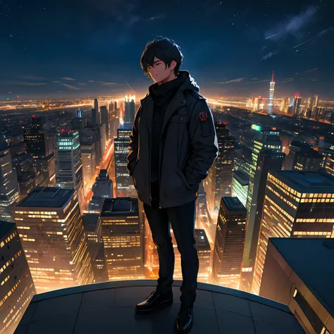 A person standing on a rooftop overlooking the city skyline at night, with twinkling lights and a sense of loneliness and contemplation, distant background slightly blurred, rich details, photography effect, ultra-detailed, highres, masterpiece:1.2, ultra-...