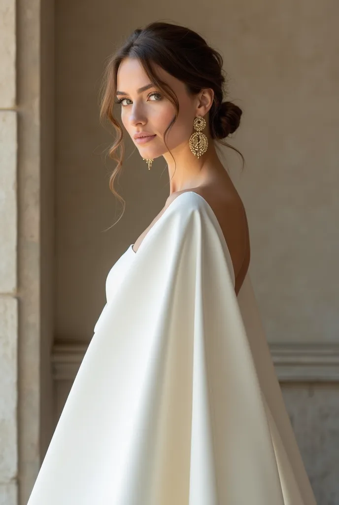 A stunning bride wearing a sleek, modern bridal cape with structured shoulders, flowing effortlessly behind her. She pairs the look with sculptural gold statement earrings and a chic low bun. The background is softly blurred, featuring neutral tones and an...