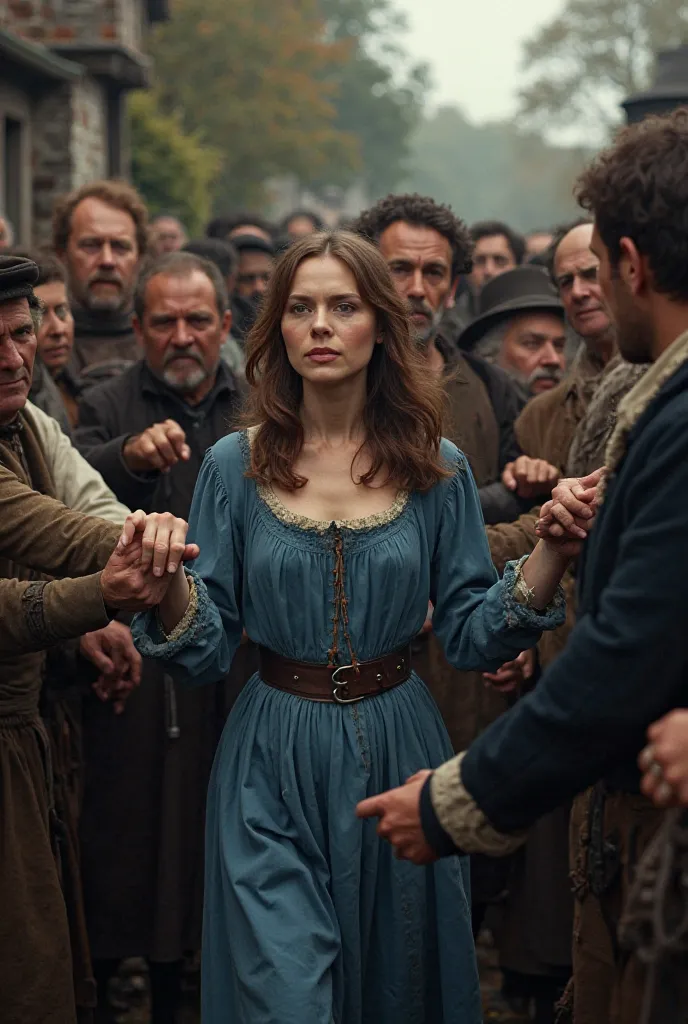 Sarah good with the middle length brown hair, blue dress is being surrounded by a crowd of people in the rural 17th-century village, with several men grabbing her by the arms. The setting is tense, with Puritan women whispering in the background. The woman...