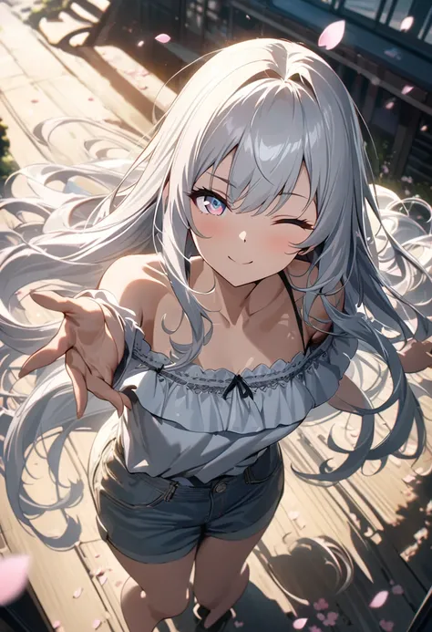 A stunning anime girl with long flowing silver hair, from above, wearing a casual fashion, slightly off-shoulder, standing under cherry blossom petals falling, looking at the viewer, with a gentle smile, dynamic pose, (winking:1.2), silky smooth hair, mesm...