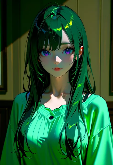 1 woman, with beautiful long hair, dark green hair, purple eyes, wearing a light green casual outfit.