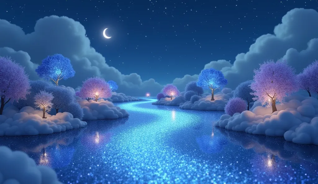 A cartoon lullaby style scene, with a sparkling river flowing gently in the night sky, made up of small silver stars that twinkle as they glide by. On the sides of the river, there are fluffy clouds with glass trees in shades of blue and lilac, reflecting ...