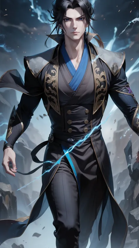 epic anime style, purple lightning, evil temperament, 20-year-old male shadow assassin, glowing black aura, shadow supervisor, handsome face, brilliant and majestic. Beautiful standard body and complete body structure. full body shot of a man with lightnin...