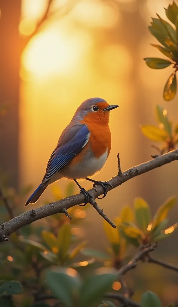 A small, vibrant bird perched on a tree branch, bathed in soft morning light. The background is a dreamy sunrise with warm golden and orange hues, creating a peaceful and inspiring atmosphere. The bird looks confident and full of life, symbolizing a fresh ...