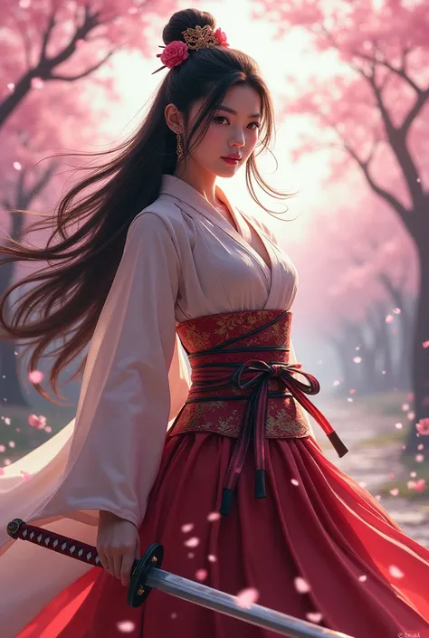 beautiful samurai girl at age 30 with long hair wearing her sexy samurai suit holding a sambong sakura katana.