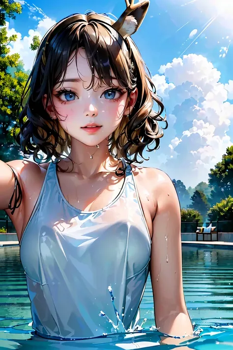 ((Highest quality、 Masterpiece 、、realistic portrait、超high resolution、Pictured from below、high resolution、cinema lighting))、 pool、((Scene, where the upper body jumps out of the water:1.6))。((short wavy hair:1.6))、 smile。(Bright swimsuits with move-friendly ...