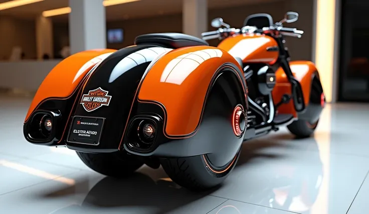 create an ultra-detailed 3D render  close back view, of a modern 2026 Harley Davidson Electra Glide with a bold designy  looking long like limousine captured from close  back view. The bike  should feature a 'Gleamy oily otange' color and black accents wit...