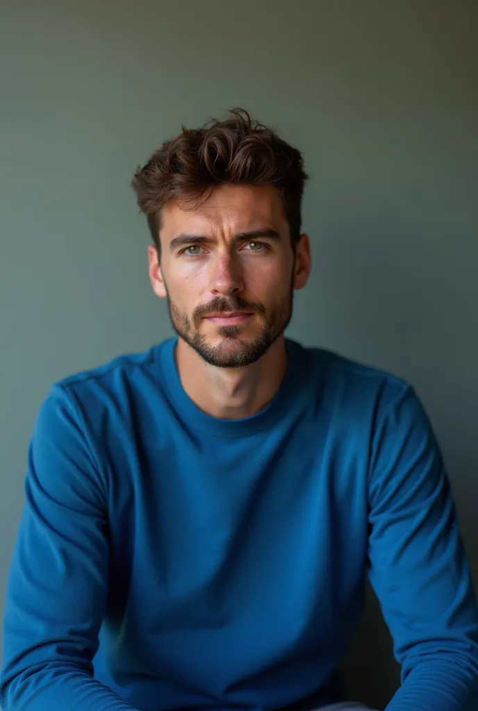 a man sitting in a studio with a blue top facing directly to the camera