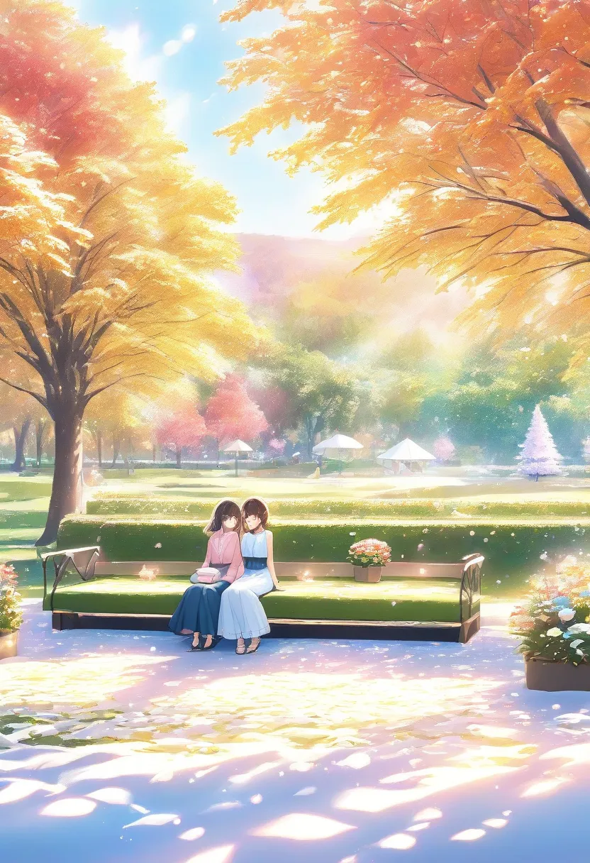 A couple is sitting in the park，The surroundings are changing，Spring, Summer, Autumn and Winter，The couple is getting older。