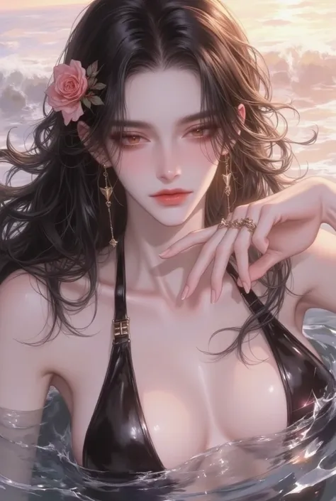 1girl, solo, long hair, black hair, hair ornament, jewelry, swimsuit, flower, bikini, earrings, outdoors, hair flower, water, lips, ocean, partially submerged, sunset, realistic, Best Artwork, Realistic Lighting, Glossy Skin