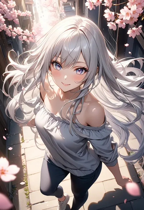 A stunning anime girl with long flowing silver hair, from above, wearing a casual fashion, slightly off-shoulder, standing under cherry blossom petals falling, looking at the viewer, with a gentle smile, dynamic pose, (winking:1.2), silky smooth hair, mesm...