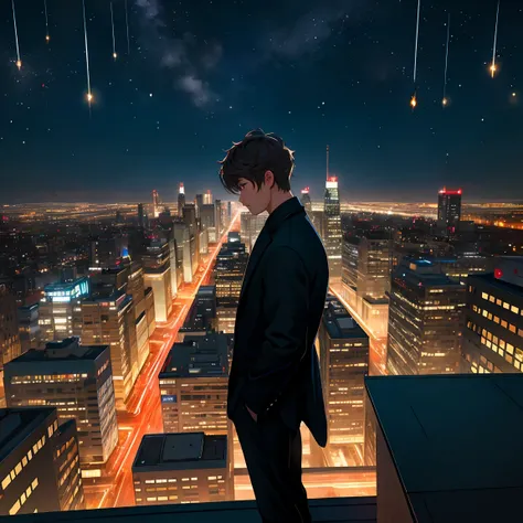 A person standing on a rooftop overlooking the city skyline at night, with twinkling lights and a sense of loneliness and contemplation, distant background slightly blurred, rich details, photography effect, ultra-detailed, highres, masterpiece:1.2, ultra-...