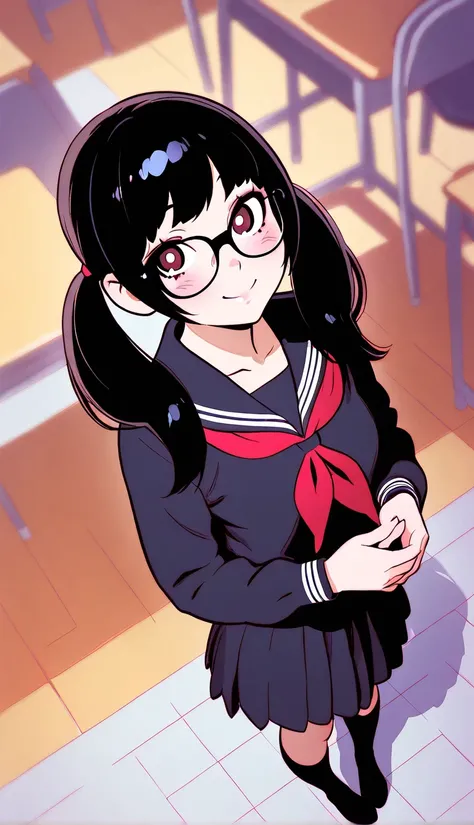 Big glasses、Long hair in twin tails、Kuvshinov, ( ilya Kuvshinov ), （full body）、 gapmoe yandere grimdark ,  smooth black hair、 high school girl uniform、Breetzsker、,艦隊これくしょんHighest quality:1.24K, 8k, studio animation, very detailed,  latest,  vibrant, high d...