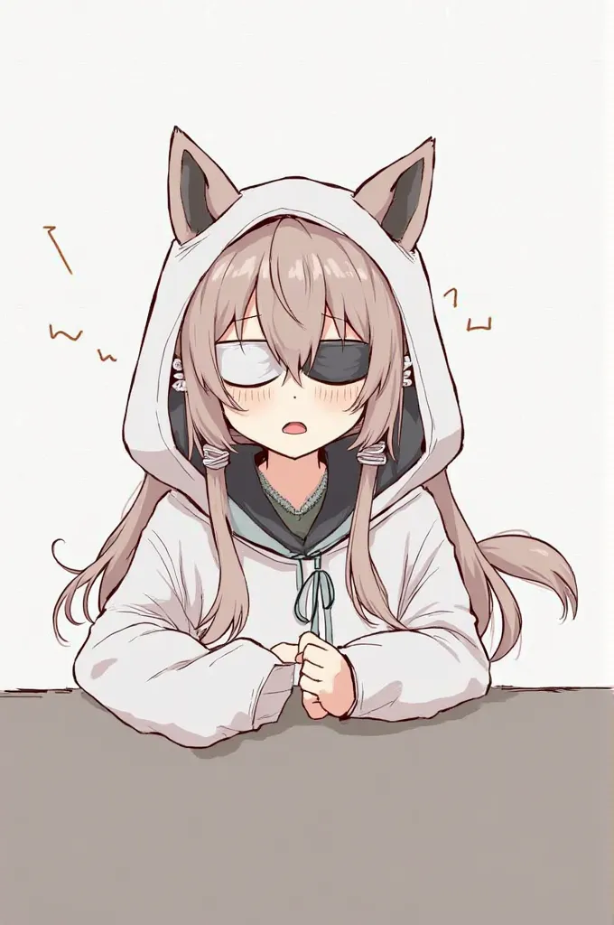 1 boy in low p, anime, simple background, Overlooking,   animal ears, Earphones, long hair,  sleepy,  Blindfold, Game, Yawning, open your mouth slightly,  is wearing, animal-shaped hood, bangs, 目の間のbangs,  Accessories, Highest quality, 