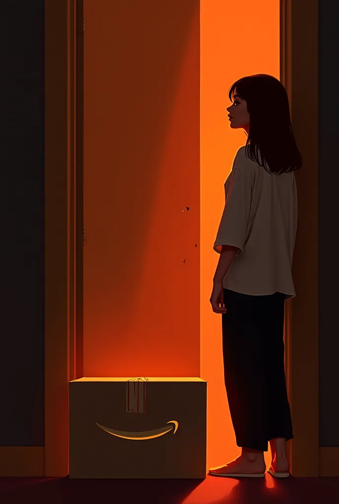 1 single girl, brunette straight hair, red lips, head, looks straight ahead, at the front of her apartment, enjoying the new Amazon box glowing with light that has just arrived at her door, on a beautiful and bright intense day.