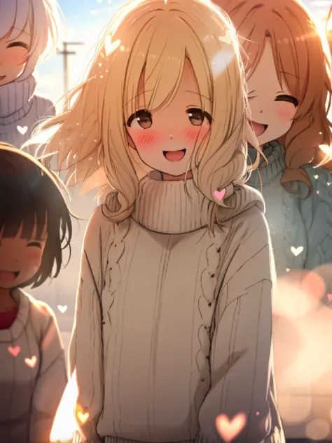  girls on the left,  cozy sweater , upper body, (  laugh:1.1), (open your mouth:1.1), (wide eyes:1.2), sunshine, Bokeh, bitches line up in front of the motel, blurry background, light particles, Strong winds, ( Giant Heart Particles:1.1)