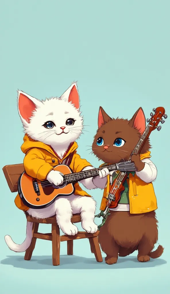 White kitten wearing yellow jacket playing guitar while sitting on wooden chair, Next to her a brown kitten wearing a white jacket stands while holding a bass guitar.plain light blue background.