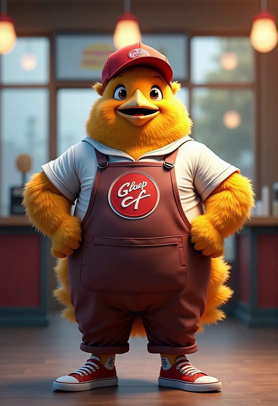 photorealistic full body portrait of Dressed animals - a ((fat)) (chicken) fast food worker,(art by Giuseppe Arcimboldo),(happy smile:1.5),(furry), high quality,(lovely) hands on hips,, (Wearing fast food shop uniform) , (wearing apron and shirt with logo)...