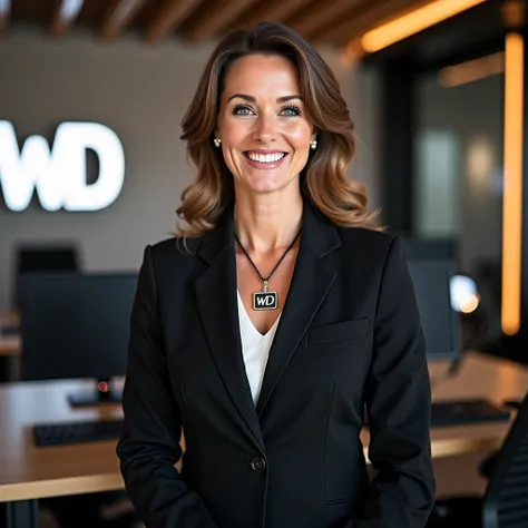 An elegant and smiling german executive woman, 40 years old, wearing a elegant suit, wearing a pendant with the letters 'WD', full body, background: modern home office station with the brand 'WD' on the wall, LED lighting