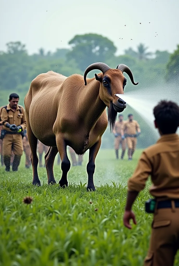 

The **same massive, overgrown goat**, still **covered in honeycomb-like patches and swarming bees**, has now **stopped in a clearing** within the **lush green Indian farm**. The **goat stands helplessly**, its **mouth open in pain**, its **huge belly ris...