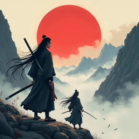 Anime Bakamond、Miyamoto Musashi、Steep mountains filled with fog、A samurai standing on a rocky rock、Samurai hold a sword in a scabbard on their hips, hold the handle with their hands, and wait for time、Long, unkempt hair is popular in the wind、Long hair bun...