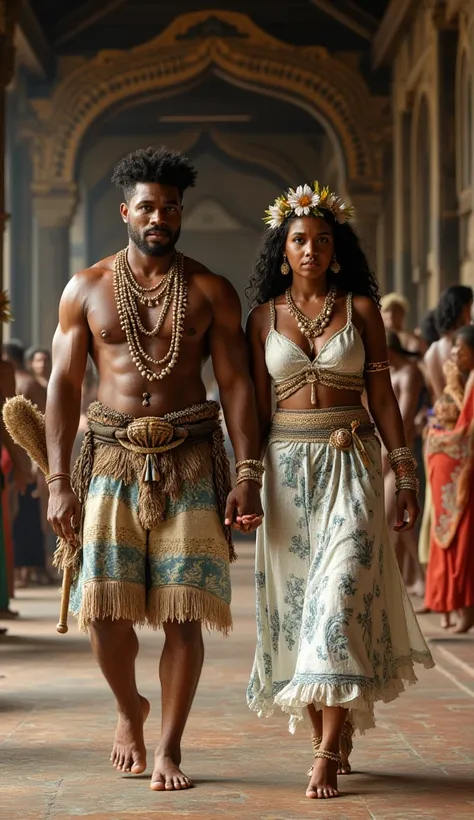 A handsome Fijian king and a beautiful queen, both 30 years old, walk with regal confidence through the grand halls of their 13th-century island palace, exuding power, wisdom, and noble grace.

The king has a strong, chiseled face, deep brown eyes filled w...